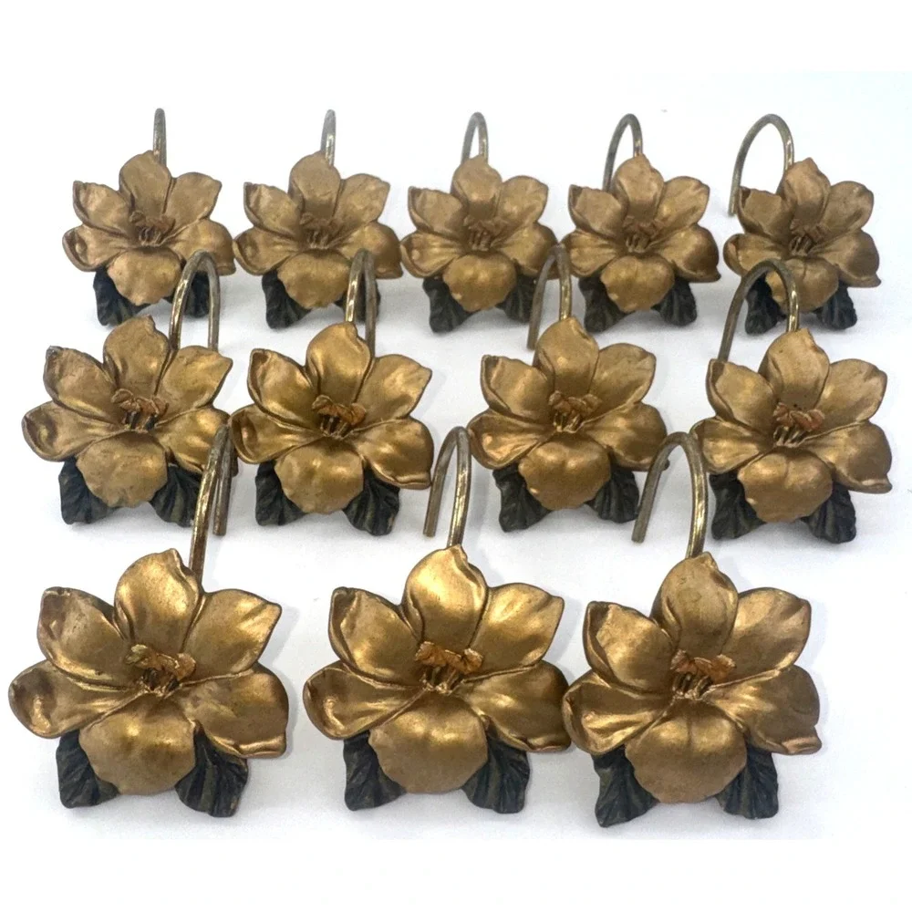 Set of 12 Gold Floral Resin Shower Curtain Hooks Magnolia Gardenia Style Bath